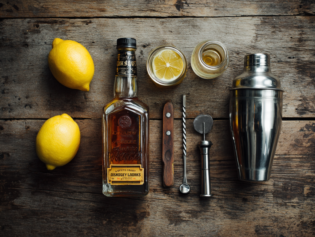 whiskey cocktail ingredients flat lay for beginners