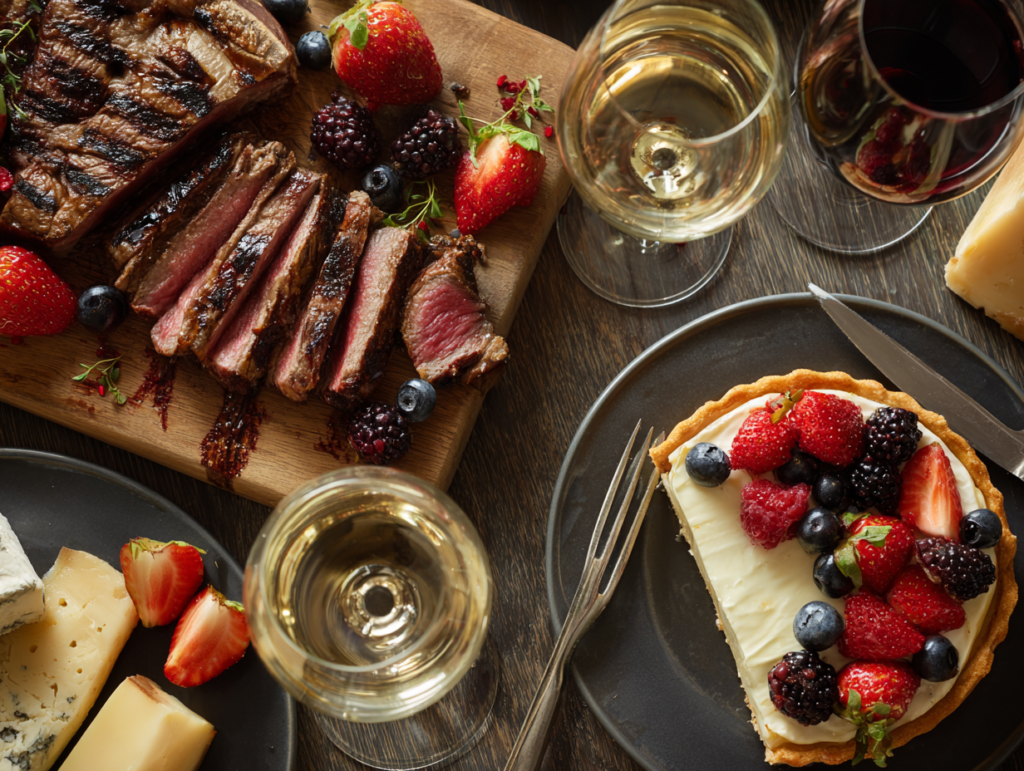Food pairing examples for sweet and dry wines with steak, cheese, and dessert.