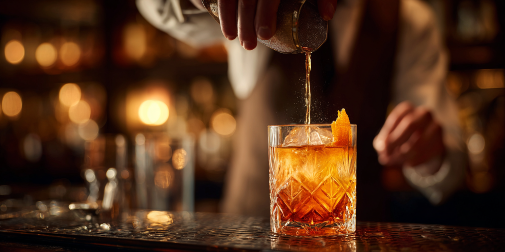 Old Fashioned cocktail being poured by bartender at a vintage bar