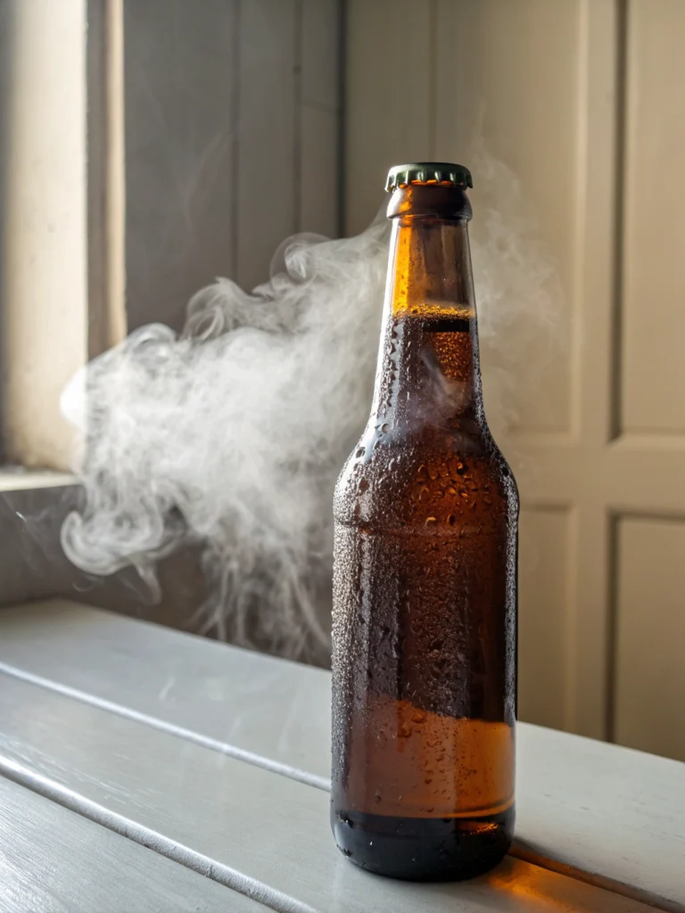 A Cold Bottle of Beer Releasing Steam: Photo & Caption Ideas 2 A cold bottle of beer releasing steam