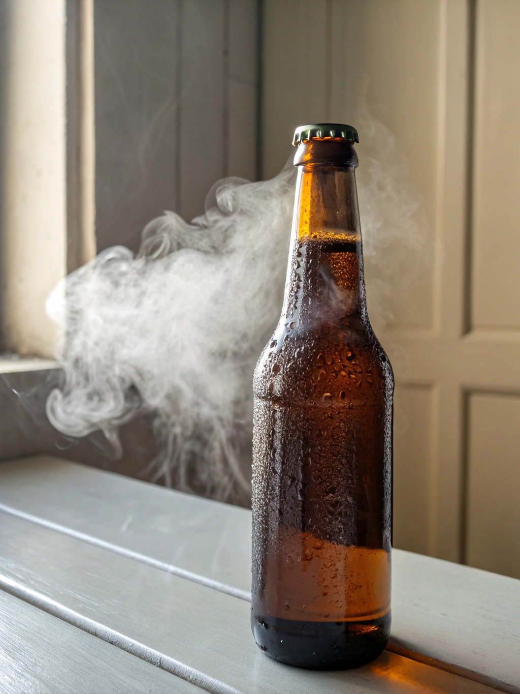 A Cold Bottle of Beer Releasing Steam: Photo & Caption Ideas 3 A cold bottle of beer releasing steam Ingredient