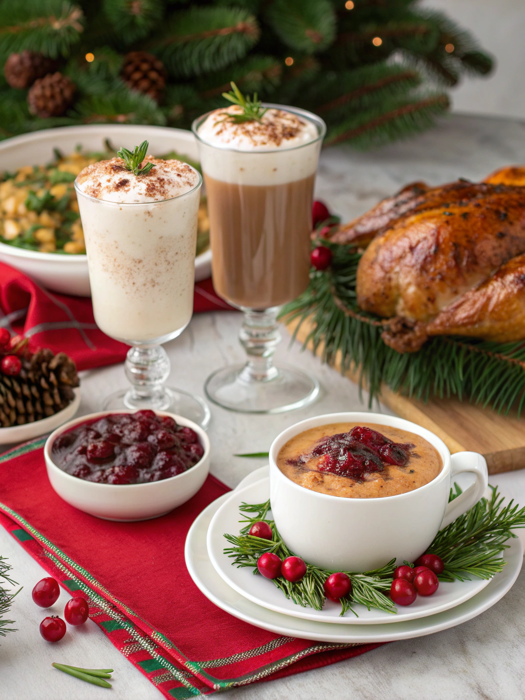 Assortment of vibrant Christmas drinks ingredients like cranberries, citrus peels, rosemary, cinnamon sticks, and star anise, ready for festive cocktail crafting